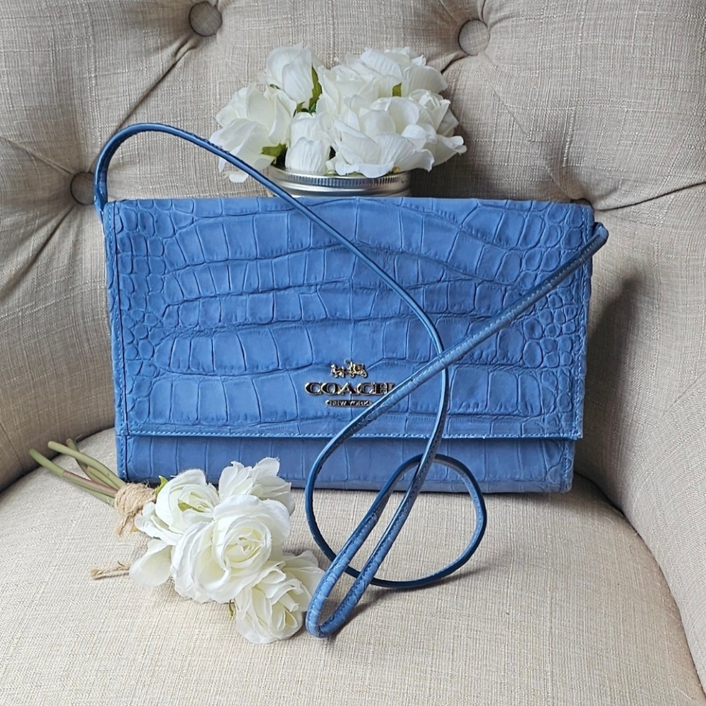 Coach Limited Edition Denim Embossed Crockidial Crossbody Shoulder Bag ( Blue )